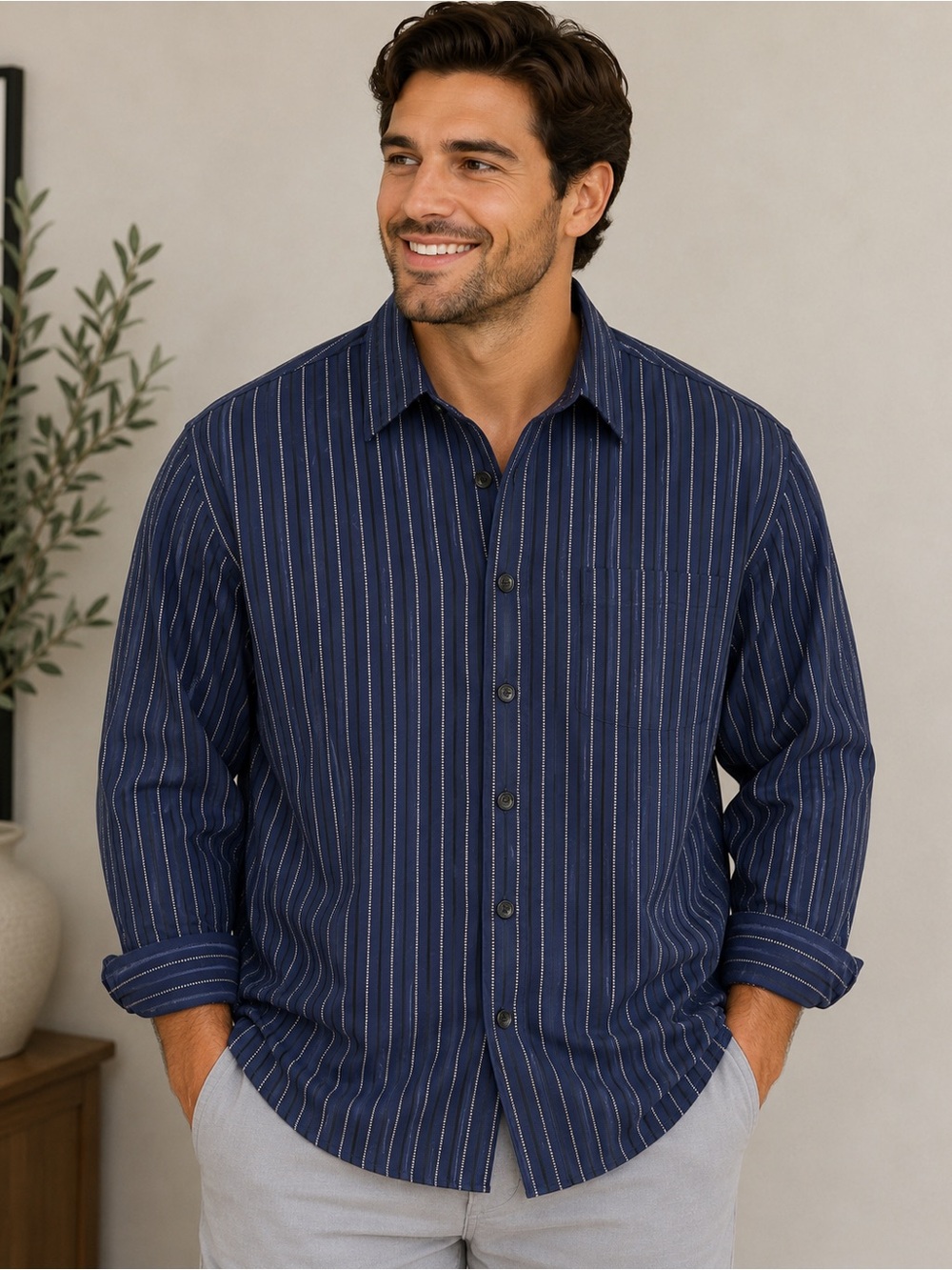 Michael Kors Men's Navy Pinstripe Button-Down Shirt